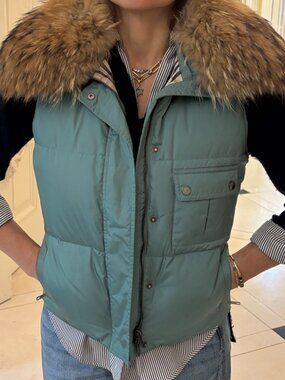 Olive Green Burberry Vest with Fur Collar